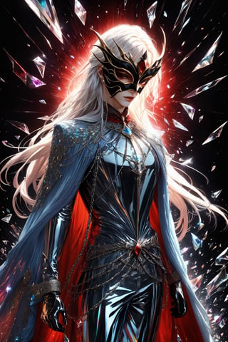 1boy, (fantasy masquerade mask), white long hair, (strait hair), (golden eyes), crimson red fantasy-inspired broken glass shards suit, eye-covering masculine mask, crystal, chains, ((Broken Glass effect)), no background, clean shave, stunning, something that even doesn't exist, mythical being, energy, textures, iridescent and luminescent shards, divine presence, cowboy shot, Volumetric light, auras, rays, vivid colors reflects, Broken Glass effect, eyes shoot, oil paint, male focus, 3d render, digital art, realistic