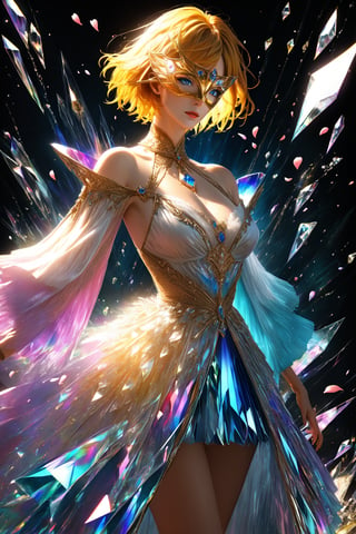 1girl, golden yellow short hair, (strait hair), (blue eyes), ranbow red fantasy-inspired mirrored glass shards expensive clothes, long cut neckline, eye-covering mask, crystal, petals falling, Broken Glass effect, no background, stunning, something that even doesn't exist, mythical being, energy, textures, iridescent and luminescent shards, divine presence, cowboy shot, Volumetric light, auras, rays, vivid colors reflects, Broken Glass effect, eyes shoot, oil paint, male focus, 3d render, digital art, realistic