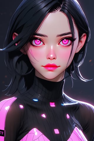 Utra, cyberpunk 1girl wearing futuristic clothes, thin delicate lips smirking with a closed mouth, white skin,  black chin lenght hair and pink eyes, 4k, hd, unreal engine, 3d render, realistic,shards,3d toon style,cutegirlmix