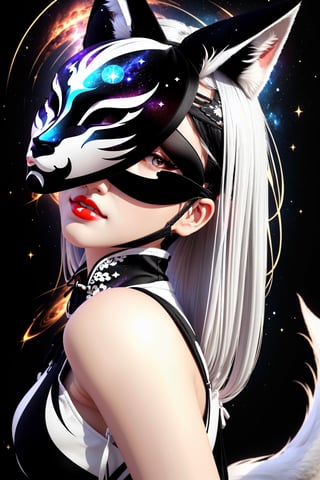 1girl, solo, skinny, (slim), simple background, gloves, animal ears, shoulders, tail, full body, white hair, sleeveless, virtual youtuber, (black skin), grey background, glowing, no pupils, starry sky print, (white fox mask:1.2), (black celestial qipao:1.2), dinamic photo, mystic, 3d render, unreal engine,Celestial Skin,3D MODEL