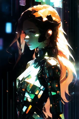 score_9, score_8, score_7, masterpiece, extremely detailed, broken glass effect, 1girl, solo, cyberpunk, transparent, cyborg, vivid, see-through, translucent, neon, detailed background, bokeh, creepy, vintage, see-through, facing front, upper body, internal organs, , orange hair, long hair, tied hair, hair over one eye, braless, long dress made of broken glass, crystal mask that refract light