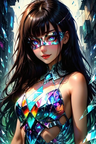 score_9, score_8_up, score_7_up, extremely detailed, (broken glass effect), (crystal dress made of broken glass), shattered glass, (glass eye mask:1.2), vintage, vivid, cyberpunk, crystal mask that refract light, 1girl, upper body, asymetric bangs, black hair, long hair, sexy smile 