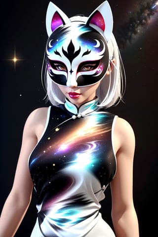 1girl, solo, skinny, (slim), simple background, gloves, animal ears, shoulders, tail, upper body, white hair, sleeveless, virtual youtuber, (black skin), grey background, glowing, no pupils, starry sky print, (white fox mask:1.2), (black celestial qipao:1.2), dinamic photo, mystic, 3d render, unreal engine,Celestial Skin,3D MODEL