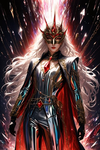 1boy, (fantasy masquerade mask), white long hair, (strait hair), (golden eyes), crimson red fantasy-inspired mirrored glass shards suit, eye-covering masculine mask, crystal, chains, ((Broken Glass effect)), no background, cleam shave, stunning, something that even doesn't exist, mythical being, energy, textures, iridescent and luminescent shards, divine presence, cowboy shot, Volumetric light, auras, rays, vivid colors reflects, Broken Glass effect, eyes shoot, oil paint, male focus, 3d render, digital art, realistic