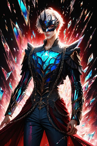 1boy, (fantasy masquerade mask), white short hair, (strait hair), (golden eyes), crimson red fantasy-inspired broken glass shards suit, eye-covering masculine mask, crystal, chains, ((Broken Glass effect)), no background, clean shave, stunning, something that even doesn't exist, mythical being, energy, textures, iridescent and luminescent shards, divine presence, cowboy shot, Volumetric light, auras, rays, vivid colors reflects, Broken Glass effect, eyes shoot, oil paint, male focus, 3d render, digital art, realistic