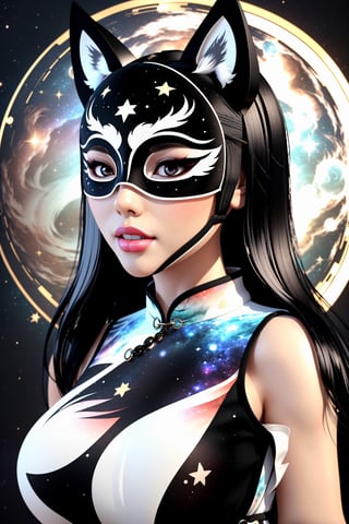 1girl, solo, skinny, (slim), simple background, gloves, animal ears, shoulders, tail, upper body, white hair, sleeveless, virtual youtuber, (black skin), grey background, glowing, no pupils, starry sky print, (white fox mask:1.2), (black celestial qipao:1.2), dinamic photo, mystic, 3d render, unreal engine,Celestial Skin,3D MODEL