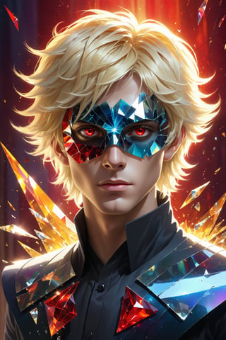 1boy, cleam shave, blonde hair, messy hair, red eyes, transparent fantasy-inspired mirrored glass shards aristocrat clothes, (eye-covering mask:1.2) , crystal, bokeh, Broken Glass effect, no background, stunning, something that even doesn't exist, mythical being, energy, textures, iridescent and luminescent shards, divine presence, Volumetric light, auras, rays, vivid colors reflects, Broken Glass effect, eyes shoot, oil paint, male focus, 3d render, digital art, realistic, art booster, fflixmj6,Crystal style,art_booster