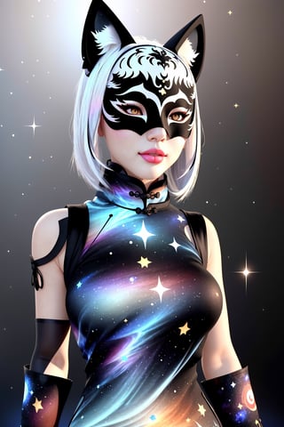 1girl, solo, skinny, (slim), simple background, gloves, animal ears, shoulders, tail, upper body, white hair, sleeveless, virtual youtuber, (black skin), grey background, glowing, no pupils, starry sky print, (white fox mask:1.2), (black celestial qipao:1.2), dinamic photo, mystic, 3d render, unreal engine,Celestial Skin,3D MODEL