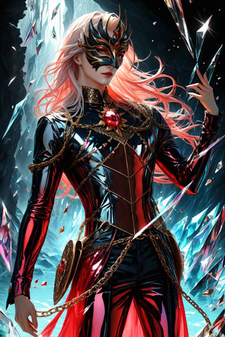 1boy, (fantasy masquerade mask), white long hair, (strait hair), (golden eyes), crimson red fantasy-inspired mirrored glass shards suit, eye-covering masculine mask, crystal, chains, ((Broken Glass effect)), no background, cleam shave, stunning, something that even doesn't exist, mythical being, energy, textures, iridescent and luminescent shards, divine presence, cowboy shot, Volumetric light, auras, rays, vivid colors reflects, Broken Glass effect, eyes shoot, oil paint, male focus, 3d render, digital art, realistic