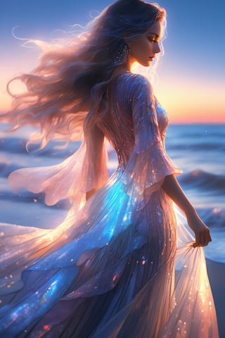 ultra detailed close up illustration of a woman at the seashore after sunset,  she wears a flowy holographic dress made of silk and tulle and very glowy,  bioluminiscent, fantasy art, dreamlike, backlit, dynamic pose, digital art, masterpiece, 3d render, ray-tracing, vibrant