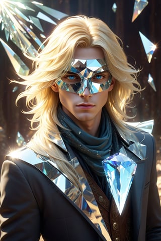 1boy, cleam shave, blonde, long hair, layered hair, swiped back, transparent fantasy-inspired mirrored glass shards aristocrat clothes, broken crystal scarf made of glass, (eye-covering mask:1.2) , crystal, bokeh, Broken Glass effect, no background, stunning, something that even doesn't exist, mythical being, energy, textures, iridescent and luminescent shards, divine presence, cowboy shot, Volumetric light, auras, rays, vivid colors reflects, Broken Glass effect, eyes shoot, oil paint, male focus, 3d render, digital art, realistic, art booster, fflixmj6,Crystal style,art_booster