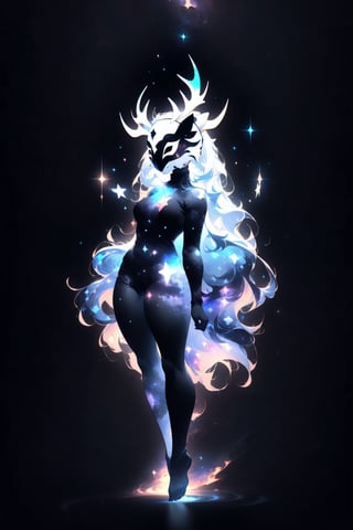 1girl, solo, tall, mature, strong, long hair, simple background, gloves, animal ears, full body, (black skin), grey background, glowing, no pupils, starry sky print, (white elk mask:1.2), white horns, (black celestial clothes:1.2), dinamic photo, mystic, 3d render, unreal engine,Celestial Skin,