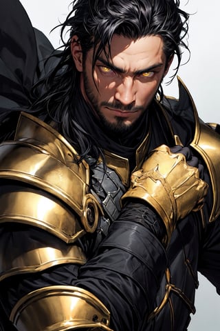 calcasian man with long black hair side swept to the right, golden eyes glowing yelow, hands down, closed fist, white skin, wearing a black armour, very luminous, 8k, realistic, Add more detail, man, disgusted face,guy, man,Add more detail, looking at viewer, portrait,man