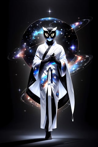 solo_male, solo, skinny, (slim), simple background, gloves, animal ears, full body, black skin, grey background, glowing, no pupils, starry sky print, (white Owl porcelain mask:1.2), (celestial long robe:1.2), library, mystic, 3d render, unreal engine, Celestial Skin,More Detail,