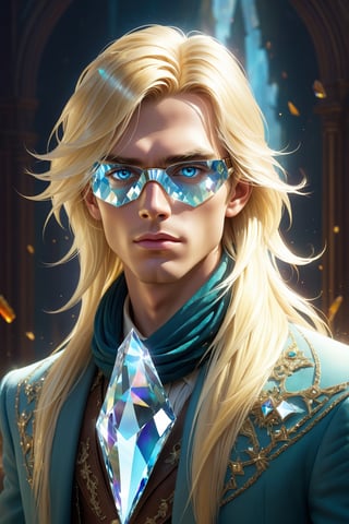 1boy, cleam shave, blonde, long hair, layered hair, swiped back, transparent fantasy-inspired mirrored glass shards aristocrat clothes, broken crystal scarf made of glass, (eye-covering mask:1.2) , crystal, bokeh, Broken Glass effect, no background, stunning, something that even doesn't exist, mythical being, energy, textures, iridescent and luminescent shards, divine presence, cowboy shot, Volumetric light, auras, rays, vivid colors reflects, Broken Glass effect, eyes shoot, oil paint, male focus, 3d render, digital art, realistic, art booster, fflixmj6,Crystal style,art_booster