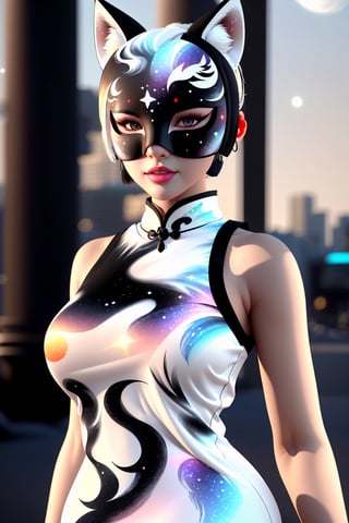 1girl, solo, skinny, (slim), simple background, gloves, animal ears, shoulders, tail, upper body, white hair, sleeveless, virtual youtuber, (black skin), grey background, glowing, no pupils, starry sky print, (white fox mask:1.2), (black celestial qipao:1.2), dinamic photo, mystic, 3d render, unreal engine,Celestial Skin,3D MODEL