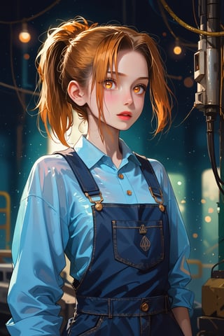 a striking cyborg girl stands solo, her transparent body glowing like neon in the dark. She wears black overalls and a navy blue shirt, with long, tied hair framing her caramel eyes. A mechanic's uniform hints at her technical prowess. The see-through flesh reveals her skeleton, while internal organs pulse beneath the surface. Vivid, orange-tinted locks fall over one eye, adding to the mesmerizing allure. Bokeh lights from distant cityscapes create a creepy, vintage atmosphere.