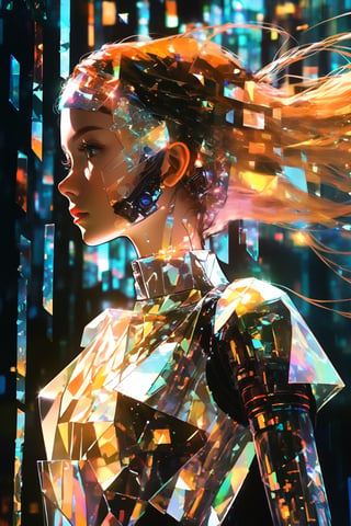 score_9, score_8, score_7, masterpiece, extremely detailed, broken glass effect, 1girl, solo, cyberpunk, transparent, cyborg, vivid, see-through, translucent, neon, detailed background, bokeh, creepy, vintage, see-through, facing front, upper body, internal organs, , orange hair, long hair, tied hair, hair over one eye, braless, long dress made of broken glass, crystal mask that refract light