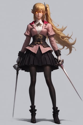 1girl, solo, long hair, skirt, blonde hair, yellow eyes, glowing eyes, weapon, pantyhose, pointy ears, sword, pink hood, right side ponytail, black pantyhose, long legs, ootachi, oshino shinobu, masterpiece, digitar art, award winning, detailed, best quality, 3d render, realistic, white gloves, concept art, niji5,holding sword rapier in the left hand