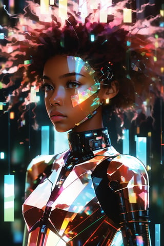 score_9, score_8, score_7, masterpiece, extremely detailed, broken glass effect, 1girl, solo, cyberpunk, transparent, cyborg, vivid, see-through, translucent, neon, detailed background, bokeh, creepy, vintage, see-through, facing front, upper body, internal organs, crimson hair, afro hair, black girl, eye covering mask, braless, long dress made of broken glass, crystal mask that refract light