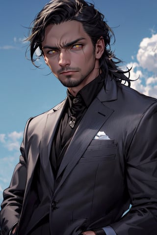 calcasian man with long black hair side swept to the right, golden eyes glowing yelow, hands on pockets, white skin, wearing a black suit, big white clouds moving in a light blue sky, very luminous, 8k, realistic, Add more detail, man, disgusted face,guy, realhands,man,Add more detail,disgusted face,looking at viewer, portrait,