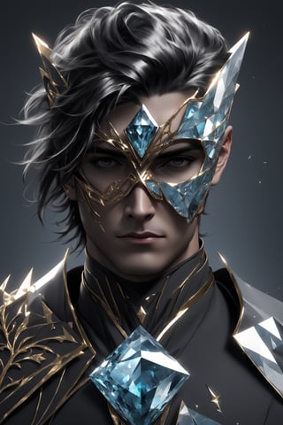 sole_male, (crystal mask), broken glass bodysuit, Lenny, white skin, (gray eyes), diamond eyeshadow, black hair, masterpiece, digital art, award winner, serene, bright colors, octane, 3d render, realistic, shards,Gold Edged Black Rose,