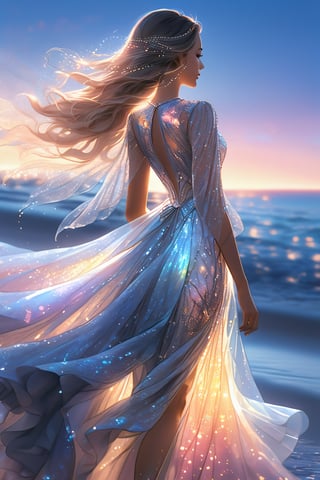 ultra detailed close up illustration of a woman at the seashore after sunset,  she wears a flowy holographic dress made of silk and tulle and very glowy,  bioluminiscent, fantasy art, dreamlike, backlit, dynamic pose, digital art, masterpiece, 3d render, ray-tracing, vibrant