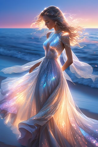 ultra detailed close up illustration of a woman at the seashore after sunset,  she wears a flowy holographic dress made of silk and tulle and very glowy,  bioluminiscent,  fantasy art,  dreamlike,  backlit,  dynamic pose,  digital art, masterpiece, 3d render, ray-tracing, vibrant