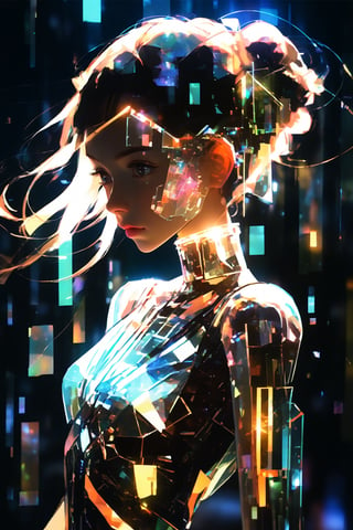 score_9, score_8, score_7, masterpiece, extremely detailed, broken glass effect, 1girl, solo, cyberpunk, transparent, cyborg, vivid, see-through, translucent, neon, detailed background, bokeh, creepy, vintage, see-through, facing front, upper body, internal organs, , orange hair, long hair, tied hair, hair over one eye, braless, long dress made of broken glass, crystal mask that refract light