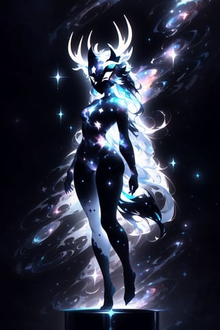 1girl, solo, tall, mature, strong, long hair, simple background, gloves, animal ears, full body, (black skin), grey background, glowing, no pupils, starry sky print, (white elk mask:1.2), white horns, (black celestial clothes:1.2), dinamic photo, mystic, 3d render, unreal engine,Celestial Skin,