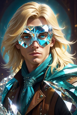 1boy, cleam shave, blonde, long hair, layered hair, swiped back, transparent fantasy-inspired mirrored glass shards aristocrat clothes, broken crystal scarf made of glass, (eye-covering mask:1.2) , crystal, bokeh, Broken Glass effect, no background, stunning, something that even doesn't exist, mythical being, energy, textures, iridescent and luminescent shards, divine presence, cowboy shot, Volumetric light, auras, rays, vivid colors reflects, Broken Glass effect, eyes shoot, oil paint, male focus, 3d render, digital art, realistic, art booster, fflixmj6,Crystal style,art_booster