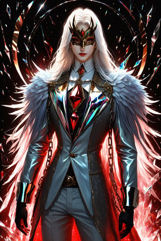 1boy, (fantasy masquerade mask), white long hair, (strait hair), (golden eyes), crimson red fantasy-inspired mirrored glass shards suit, eye-covering masculine mask, crystal, chains, ((Broken Glass effect)), no background, cleam shave, stunning, something that even doesn't exist, mythical being, energy, textures, iridescent and luminescent shards, divine presence, cowboy shot, Volumetric light, auras, rays, vivid colors reflects, Broken Glass effect, eyes shoot, oil paint, male focus, 3d render, digital art, realistic