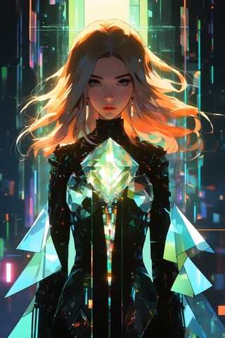 score_9, score_8, score_7, masterpiece, extremely detailed, broken glass effect, 1girl, solo, cyberpunk, transparent, cyborg, vivid, see-through, translucent, neon, detailed background, bokeh, creepy, vintage, see-through, facing front, upper body, internal organs, , orange hair, long hair, tied hair, hair over one eye, braless, long dress made of broken glass, crystal mask that refract light