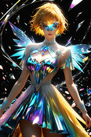 1girl, golden yellow short hair, (strait hair), (blue eyes), ranbow red fantasy-inspired mirrored glass shards expensive clothes, long cut neckline, eye-covering mask, crystal, petals falling, Broken Glass effect, no background, stunning, something that even doesn't exist, mythical being, energy, textures, iridescent and luminescent shards, divine presence, cowboy shot, Volumetric light, auras, rays, vivid colors reflects, Broken Glass effect, eyes shoot, oil paint, male focus, 3d render, digital art, realistic