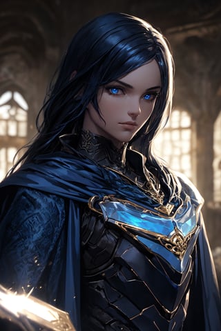 (masterpiece, best quality) extremely detailed, intricately detailed, ((portrait)), 1_boy, ((artificer, assasin)), (Steel smooth armor, dark blue trim, cloth attachments, blue cloak), lightning gem, black blue hair, 27yo, fit, glowing eyes, chiaroscuro lighting, ray tracing, polished, high resolution, volumetric lightning,medieval armor, robot armor