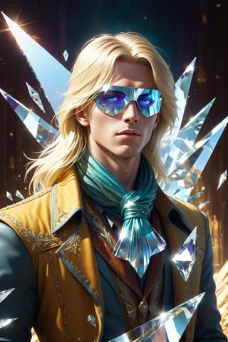 1boy, cleam shave, blonde, long hair, layered hair, swiped back, transparent fantasy-inspired mirrored glass shards aristocrat clothes, broken crystal scarf made of glass, (eye-covering mask:1.2) , crystal, bokeh, Broken Glass effect, no background, stunning, something that even doesn't exist, mythical being, energy, textures, iridescent and luminescent shards, divine presence, cowboy shot, Volumetric light, auras, rays, vivid colors reflects, Broken Glass effect, eyes shoot, oil paint, male focus, 3d render, digital art, realistic, art booster, fflixmj6,Crystal style,art_booster