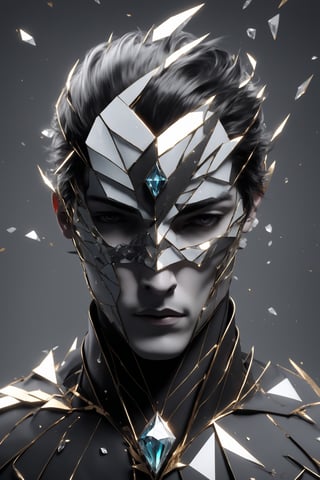 sole_male, (crystal mask), broken glass bodysuit, Lenny, white skin, (gray eyes), diamond eyeshadow, black hair, masterpiece, digital art, award winner, serene, bright colors, octane, 3d render, realistic, shards,Gold Edged Black Rose,