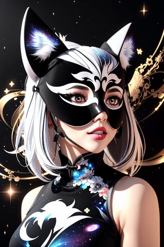 1girl, solo, skinny, (slim), simple background, gloves, animal ears, shoulders, tail, upper body, white hair, sleeveless, virtual youtuber, (black skin), grey background, glowing, no pupils, starry sky print, (white fox mask:1.2), (black celestial qipao:1.2), dinamic photo, mystic, 3d render, unreal engine,Celestial Skin,3D MODEL