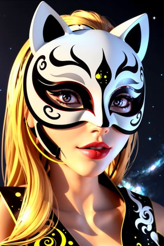 1girl, solo, skinny, (slim), simple background, gloves, animal ears, full body, (black skin), grey background, glowing, no pupils, starry sky print, (white fox mask:1.2), (black celestial qipao:1.2), dinamic photo, mystic, 3d render, unreal engine,Celestial Skin,3D MODEL