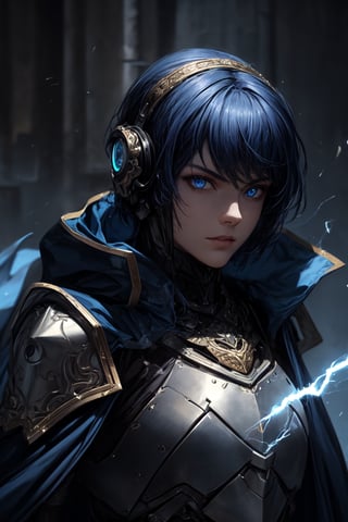 (masterpiece, best quality) extremely detailed, intricately detailed, ((portrait)), 1_boy, ((artificer, assasin)), (Steel smooth armor, dark blue trim, cloth attachments, blue cloak), lightning gem, black blue hair, 27yo, fit, glowing eyes, chiaroscuro lighting, ray tracing, polished, high resolution, volumetric lightning,medieval armor, robot armor, roblit