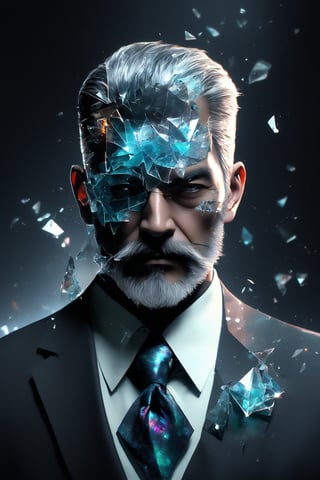 Sole_male, (German), 55yo, (gray crystal mask:1.2), broken glass formal suit, short gray hair swiped back, shirt, square face, upper body, necktie, trimmed gray beard, black mustache, masterpiece, digital art, award winner, bealtyfull, intense, bright colors, octane, 3d render, realistic, shards, Movie Still, Handsome boy