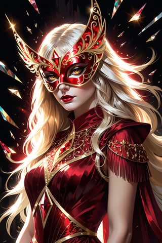 1 girl, (fantasy masquerade mask), blunt bangs, white long hair, strait hair, (golden eyes), crimson red fantasy-inspired mirrored glass silk fantasy dress, pluge neckline, eye-covering mask, crystal, loose brushstrokes, Broken Glass effect, no background, stunning, something that even doesn't exist, mythical being, energy, textures, iridescent and luminescent shards, divine presence, Volumetric light, auras, rays, vivid colors reflects, Broken Glass effect, eyes shoot, oil paint,tag score