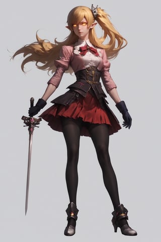 1girl, solo, long hair, skirt, blonde hair, yellow eyes, glowing eyes, weapon, pantyhose, pointy ears, sword, pink hood, right side ponytail, black pantyhose, long legs, ootachi, oshino shinobu, masterpiece, digitar art, award winning, detailed, best quality, 3d render, realistic, white gloves, concept art, niji5,holding sword rapier