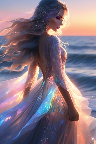 ultra detailed close up illustration of a woman at the seashore after sunset,  she wears a flowy holographic dress made of silk and tulle and very glowy,  bioluminiscent, fantasy art, dreamlike, backlit, dynamic pose, digital art, masterpiece, 3d render, ray-tracing, vibrant