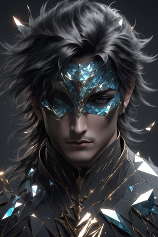 sole_male, (crystal mask), broken glass bodysuit, Lenny, white skin, (gray eyes), diamond eyeshadow, black hair, masterpiece, digital art, award winner, serene, bright colors, octane, 3d render, realistic, shards,Gold Edged Black Rose,