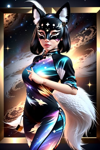 1girl, solo, skinny, (slim), simple background, gloves, animal ears, full body, (black skin), grey background, glowing, no pupils, starry sky print, (white fox mask:1.2), (black celestial qipao:1.2), dinamic photo, mystic, 3d render, unreal engine,Celestial Skin,3D MODEL