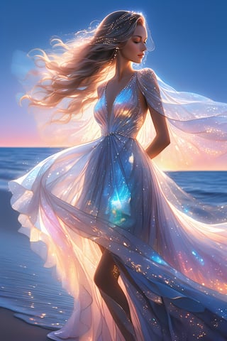 ultra detailed close up illustration of a woman at the seashore after sunset,  she wears a flowy holographic dress made of silk and tulle and very glowy,  bioluminiscent, fantasy art, dreamlike, backlit, dynamic pose, digital art, masterpiece, 3d render, ray-tracing, vibrant