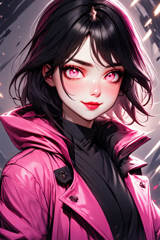 Utra, 1girl in a (glamurous coat), thin delicate lips smirking with a closed mouth,  white skin,  black chin lenght hair and pink eyes, 4k, hd, unreal engine,