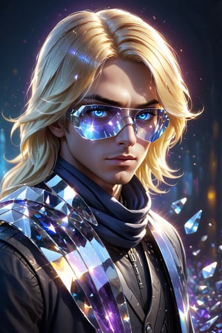 1boy, cleam shave, blonde, long hair, layered hair, swiped back, transparent fantasy-inspired mirrored glass shards Arabic clothes, broken crystal scarf, (eye-covering mask:1.2) , crystal, bokeh, Broken Glass effect, no background, stunning, something that even doesn't exist, mythical being, energy, textures, iridescent and luminescent shards, divine presence, cowboy shot, Volumetric light, auras, rays, vivid colors reflects, Broken Glass effect, eyes shoot, oil paint, male focus, 3d render, digital art, realistic, art booster, fflixmj6,Crystal style