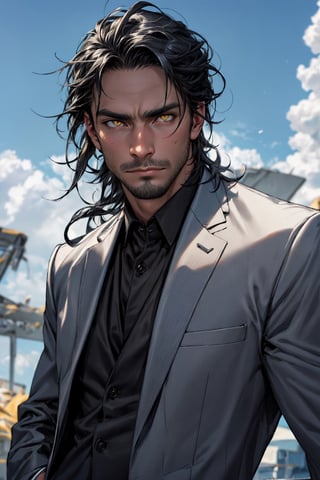 calcasian man with long black hair side swept to the right, golden eyes glowing yelow, hands on pockets, white skin, wearing a black suit, big white clouds moving in a light blue sky, very luminous, 8k, realistic, Add more detail, man, disgusted face,guy, realhands,man,Add more detail,disgusted face,looking at viewer, portrait,